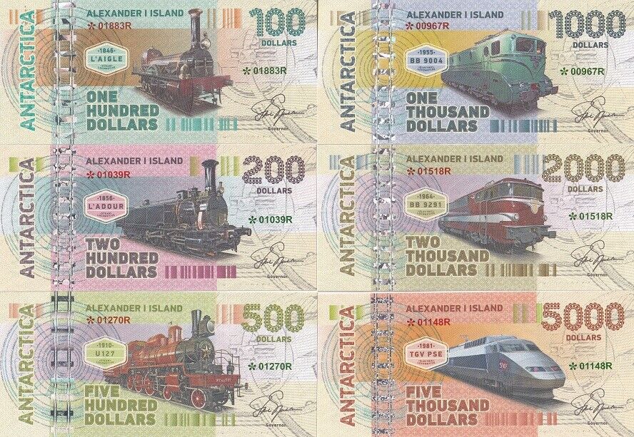 Alexander Islands Set 6 100 200 500 1000 2000 5000 Dollars 2017 Trains Fantasy