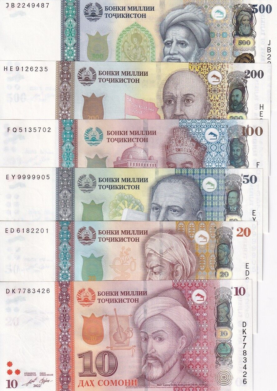 Tajikistan Set 6 UNC 10 20 50 100 200 500 SOM 2017-2022 P 21 P 22 P 24 - P 28