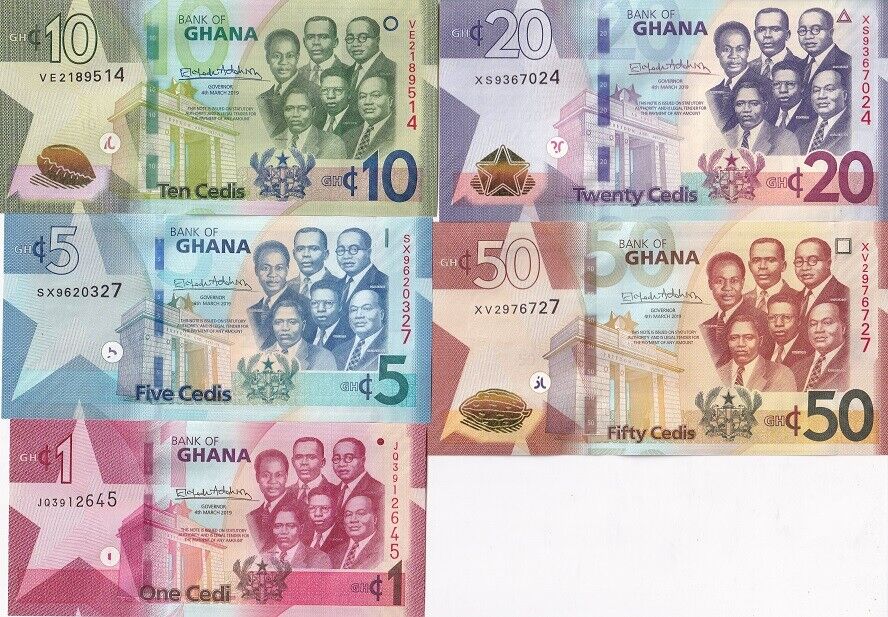 Ghana Set 5 PCS 1 5 10 20 50 Cedis 2019 P 45 P 46 P 47 P 48 P 49 UNC
