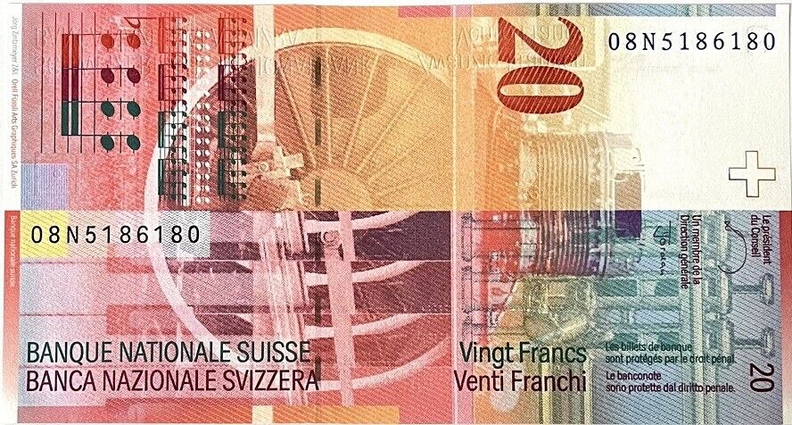 Switzerland 20 Franken 2008 P 69 e Sign Raggenbass & Jordan UNC