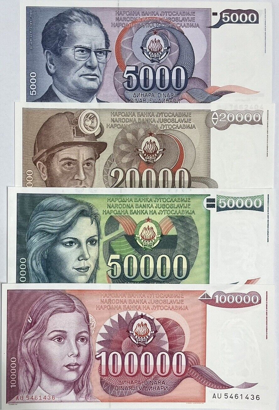 Yugoslavia Set 4 Pcs 5000 20,000 - 100,000 DINARA 1985-1989 P 93 95 96 P 97 UNC