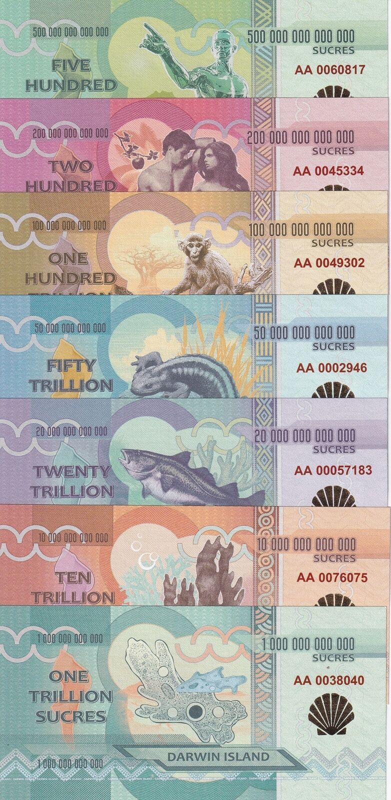 DARWIN island Set 7 1 5 10 20 100 200 500 Trillion 2015 Sucres Fantasy