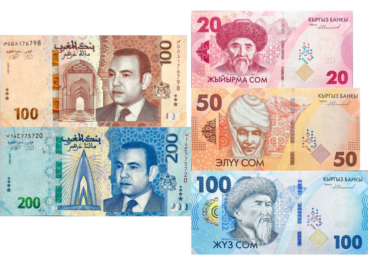 SET 5 PCS Morocco 100 200 Dirhams Kyrgyzstan 20 50 100 Som 2023/2024 P NEW UNC
