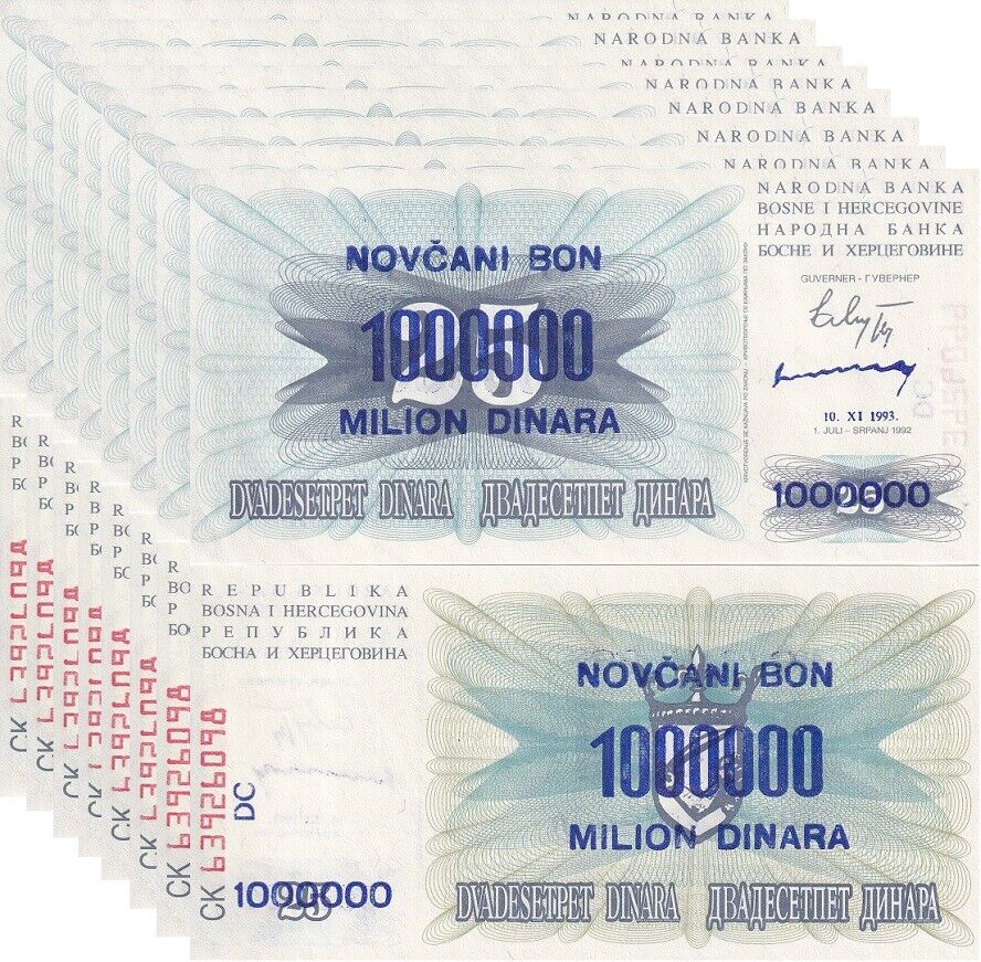 Bosnia 1 Million Dinara on 25 Dinara 1993 P 35 b UNC LOT 10 PCS
