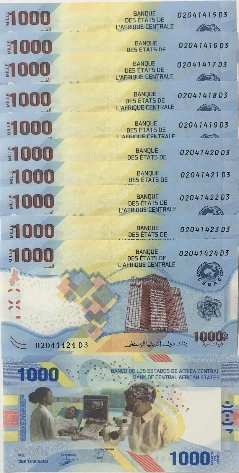 Central African States 1000 Francs 2022 P new Design Hybrid LOT 10 UNC