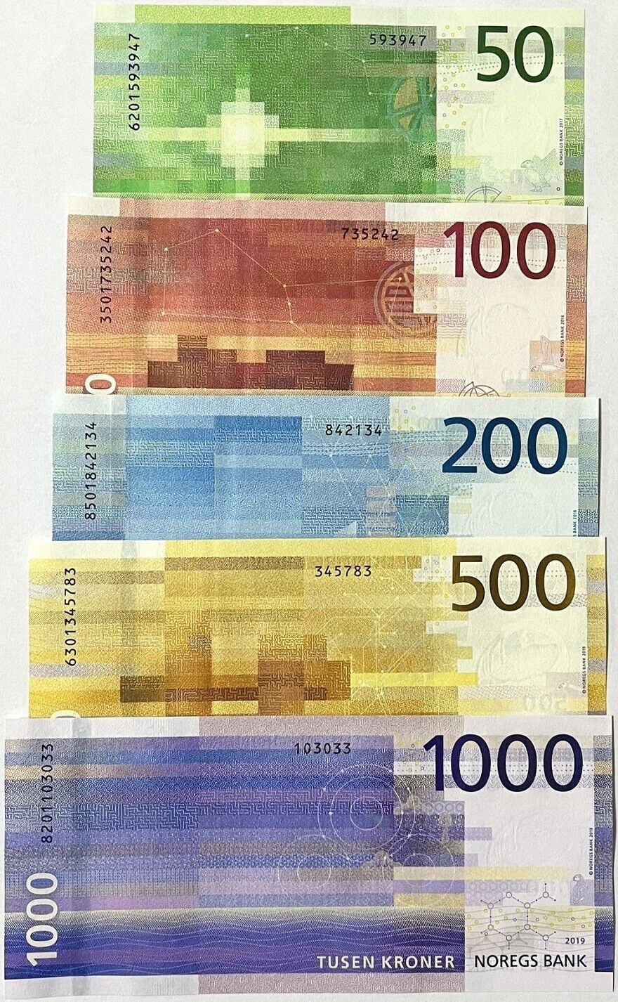 Norway SET 5 UNC 50 100 200 500 1000 Kroner 2016-2019 P 53 54 55 56 57
