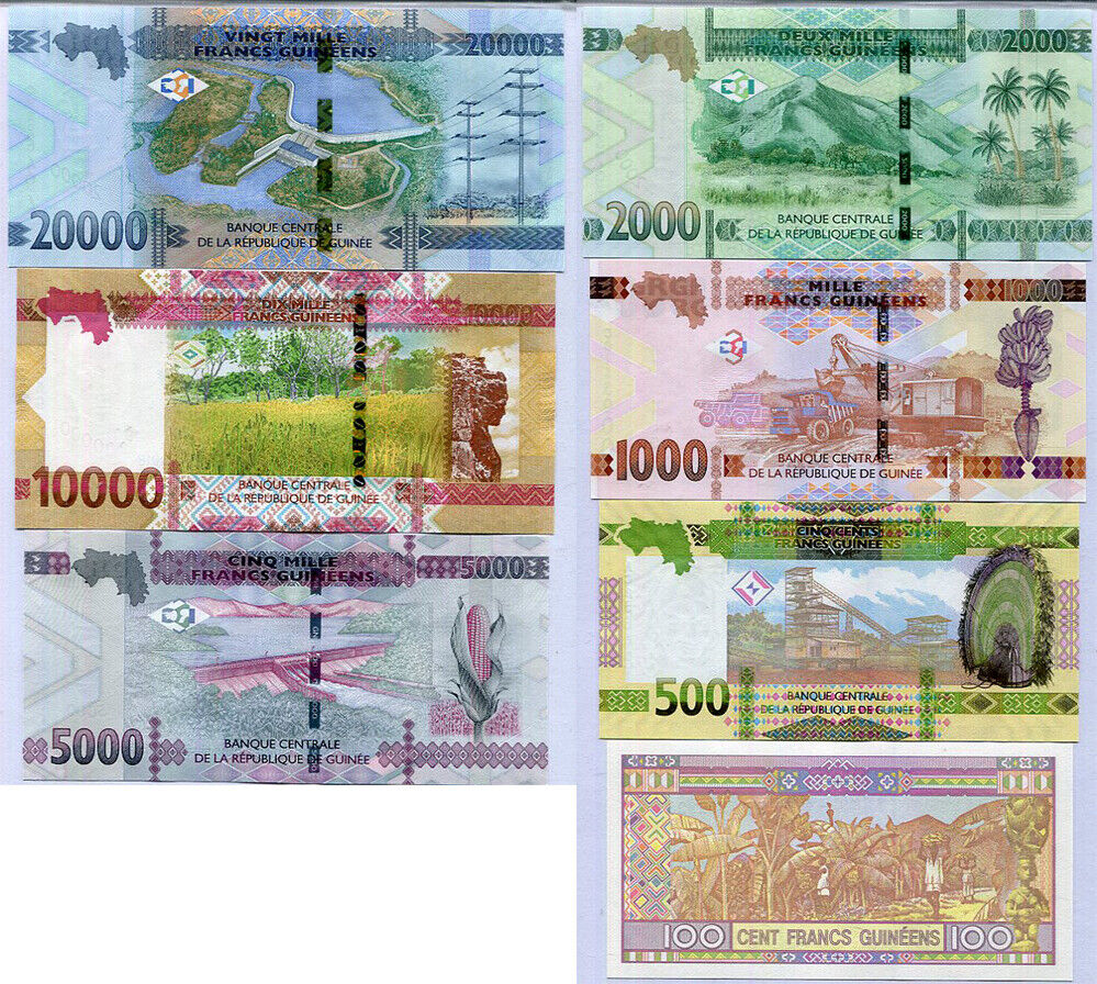 Guinea SET 7 UNC 100 500 1000 2000 5000 10000 20000 Francs 2015-2018 P NEW