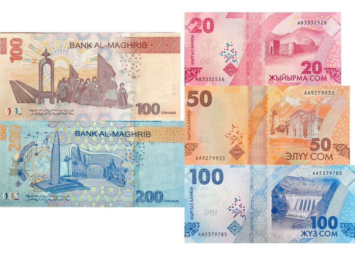 SET 5 PCS Morocco 100 200 Dirhams Kyrgyzstan 20 50 100 Som 2023/2024 P NEW UNC