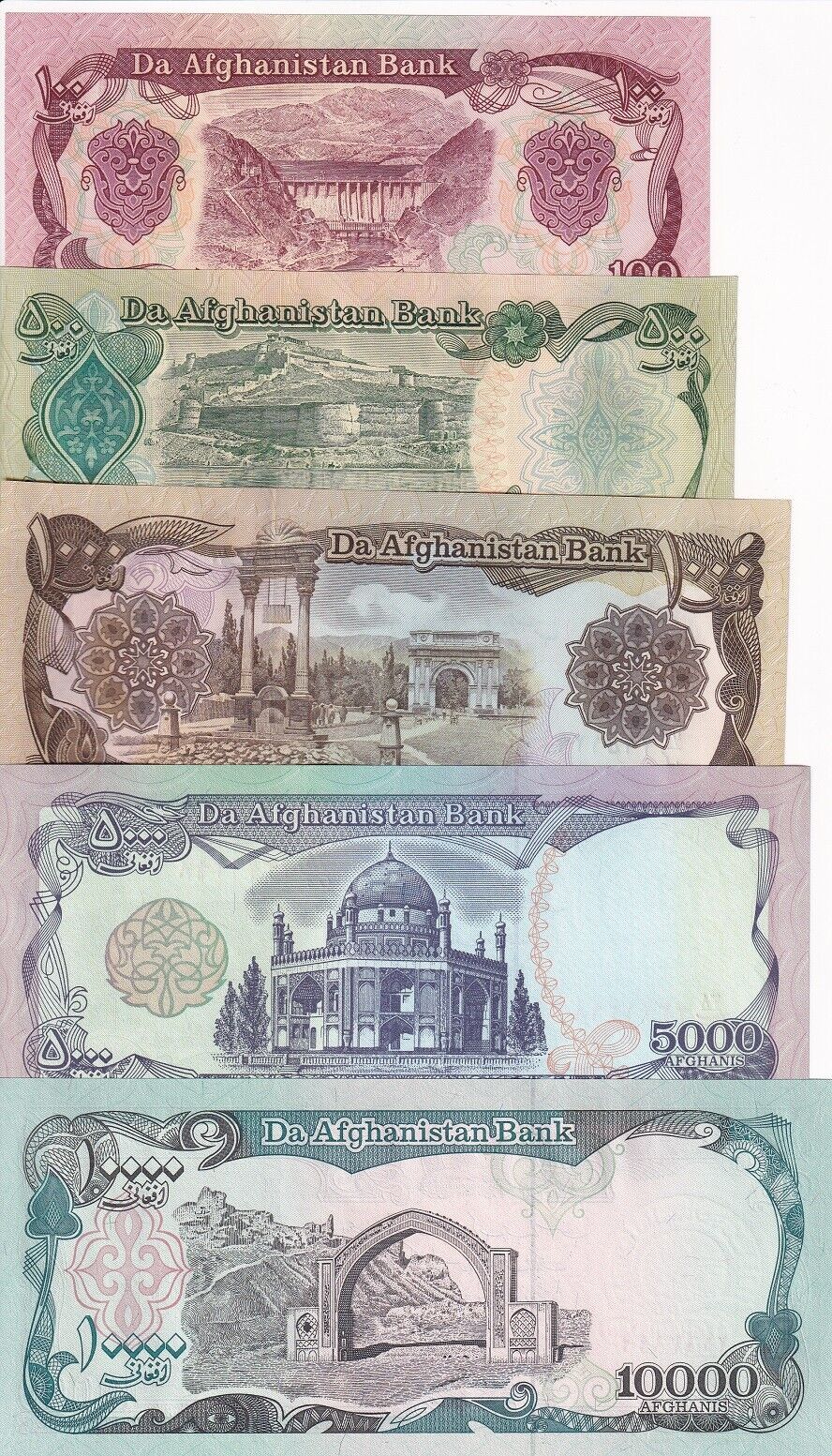 Afghanistan Set 5 PCS 100 500 1000 5000 10000 Afghanis P 58 60 61 62 P 63 UNC