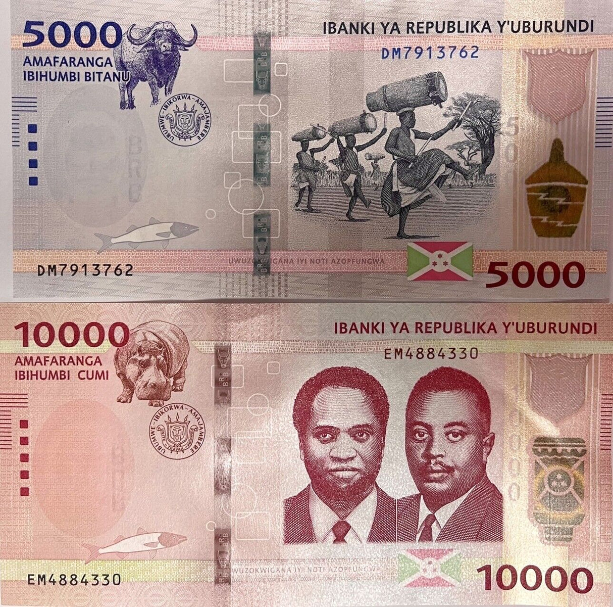 Burundi Set 2 Pcs 5000 10000 Francs 2022/2023 P 58 59 NEW COLOR UNC
