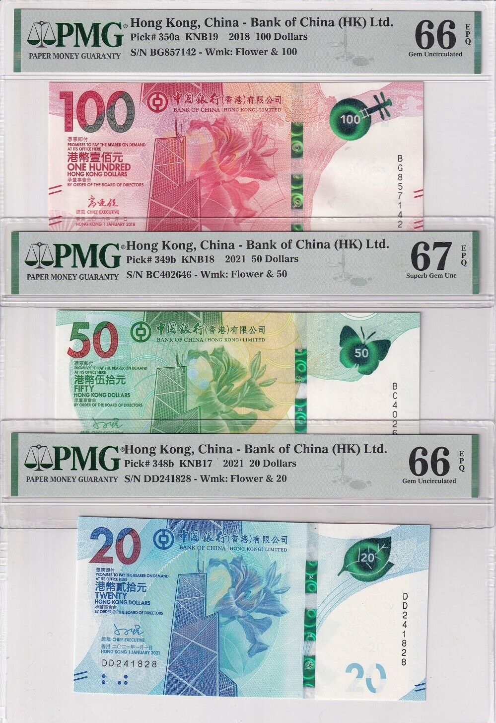 Hong Kong Set 3; 20 50 100 Dollars 2018-21 P348b-P350a Superb UNC PMG 66 67 EPQ