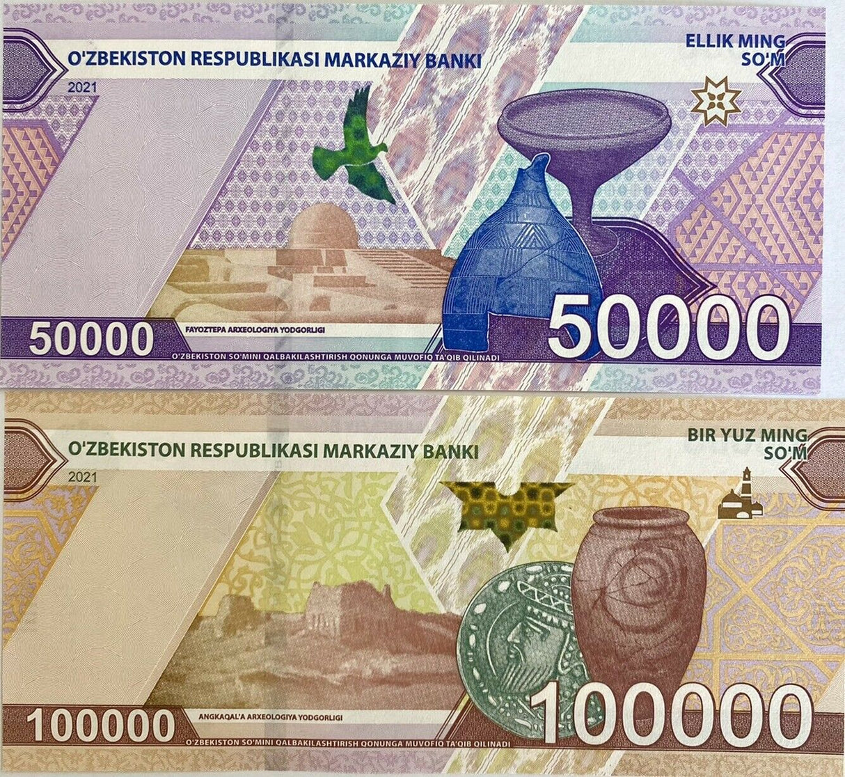 Uzbekistan Set 2 Pcs 50000 100000 Som 2021 P New UNC