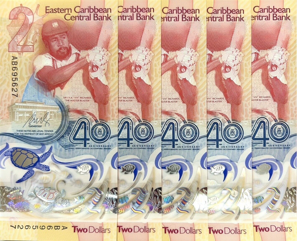 East Caribbean 2 Dollars 2023 40th P 61 NEW Polymer Richards Cricket LOT 5 UNC