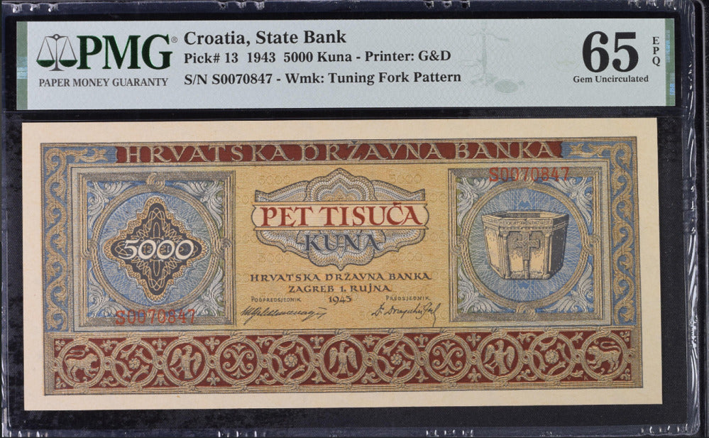 Croatia 5000 Kuna 1943 P 13 Gem UNC PMG 65 EPQ