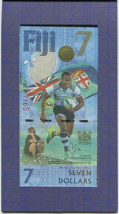 FIJI 7 DOLLARS COMM. Osea Kolinisau RUGBY 2016 / 2017 P 120 UNC W/FOLDER