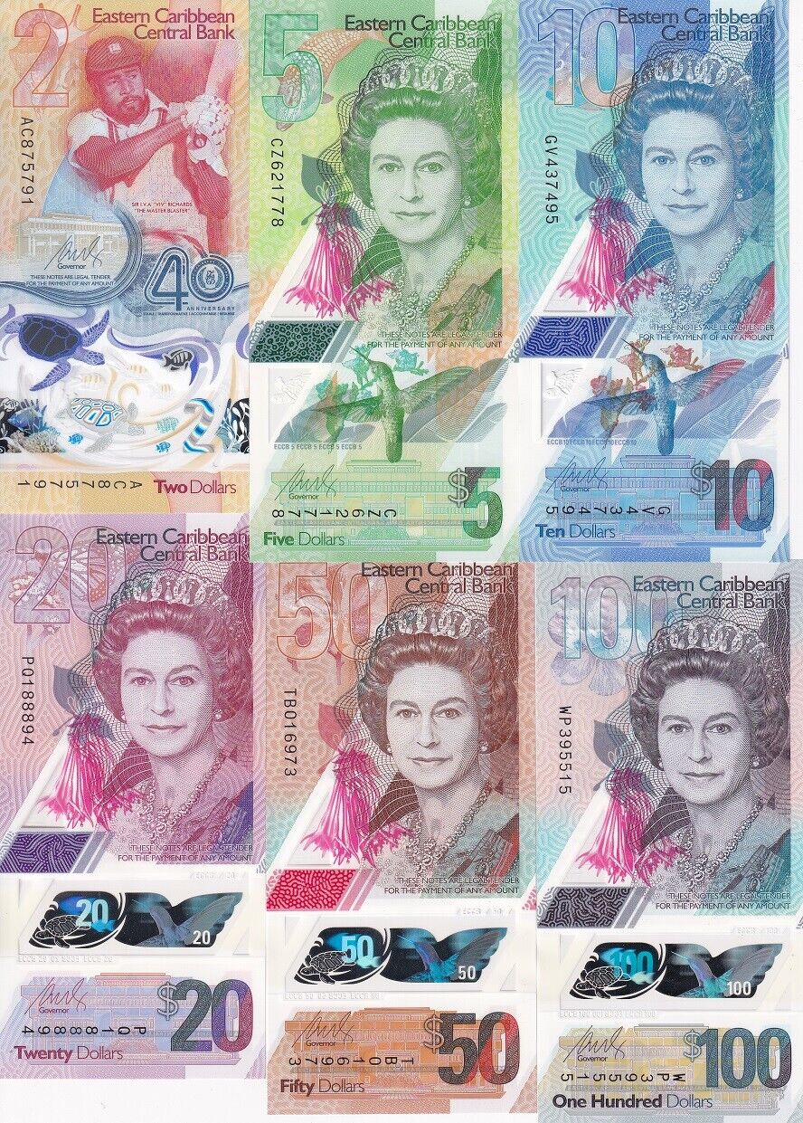 EAST CARIBBEAN SET 6 UNC 2 5 10 20 50 100 D. 2019-2024 P 55A 56 57 58-61 POLYMER