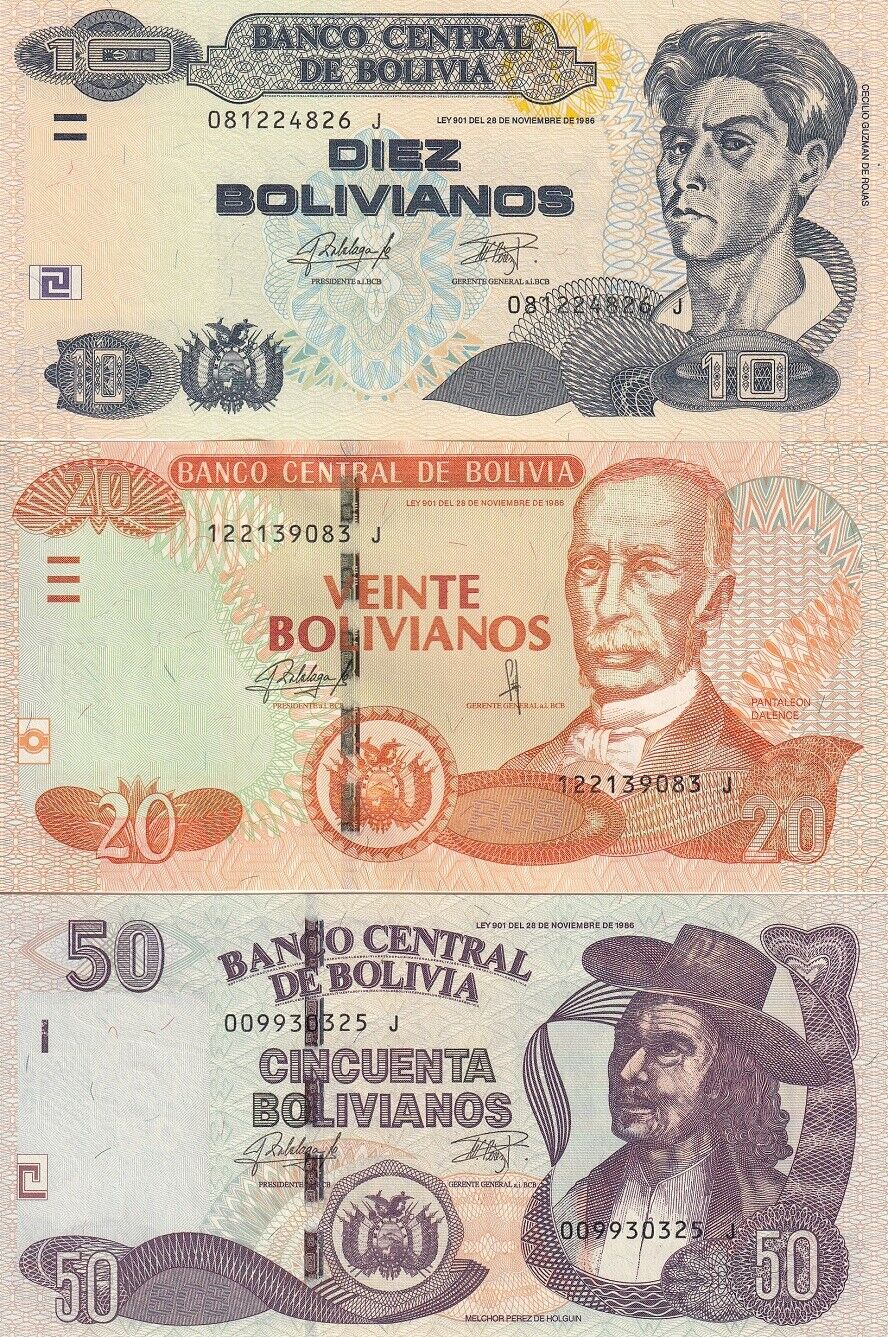 Bolivia Set 3 Pcs 10 20 50 Bolivianos 1986/2015 Series J P 243 244 245 UNC