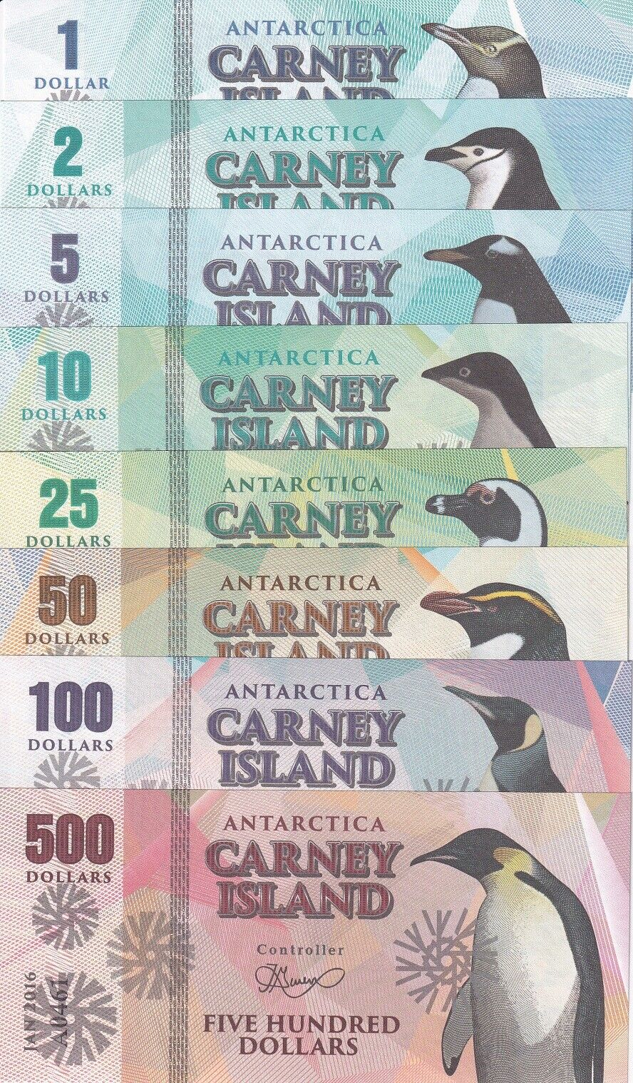 Carney Island Set 8 1 2 5 10 25 50 100 200 500 Dollars 2016 Penguins Fantasy