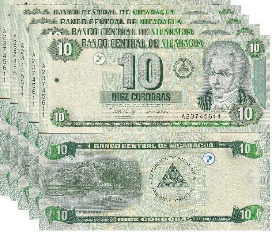 Nicaragua 10 Cordoba 2002 P 191 UNC LOT 5 PCS