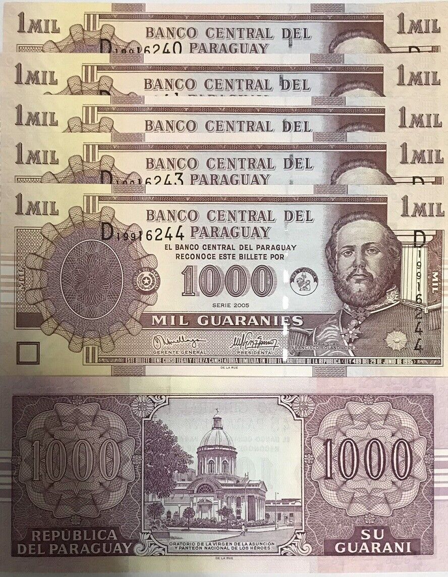 Paraguay 1000 Guaranies 2005 P 222 UNC LOT 5 PCS