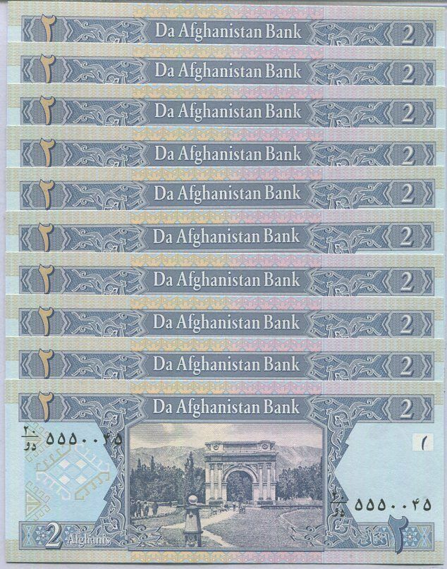 Afghanistan 2 Afghanis 2002 P 65 UNC LOT 10 PCS