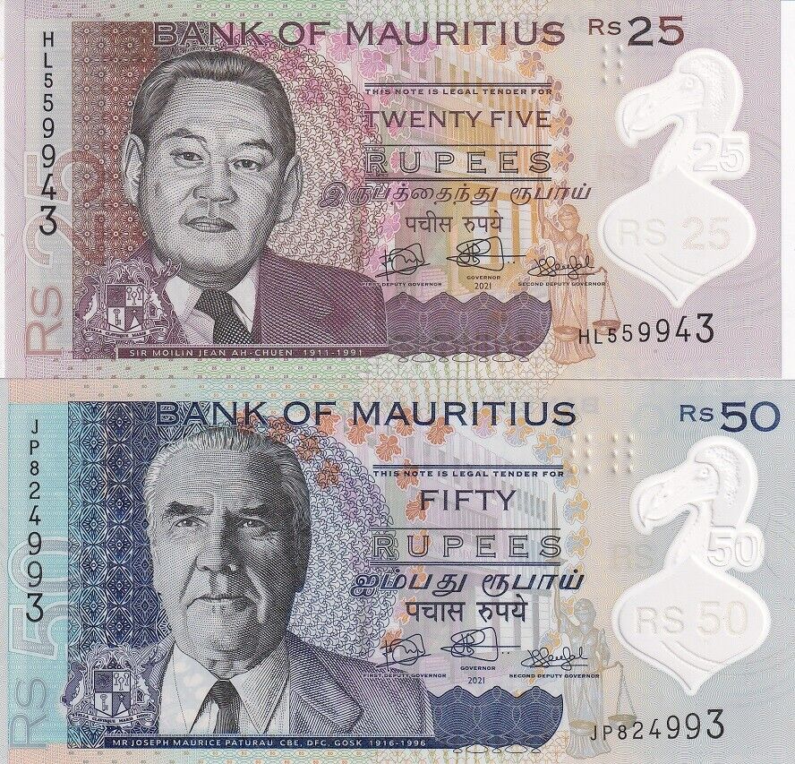 Mauritius SET 2 PCS; 25 50 Rupees 2021 P 64 P 65 NEW Sign Polymer UNC