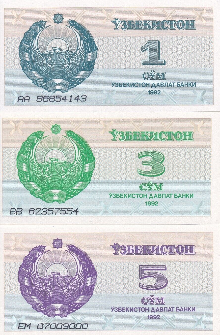 Uzbekistan Set 3 UNC 1 3 5 SUM 1992 P 61 P 62 P 63 UNC