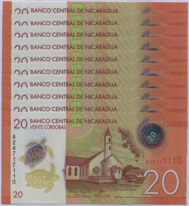Nicaragua 20 Cordobas 2014 P 210 Polymer UNC Lot 10 Pcs
