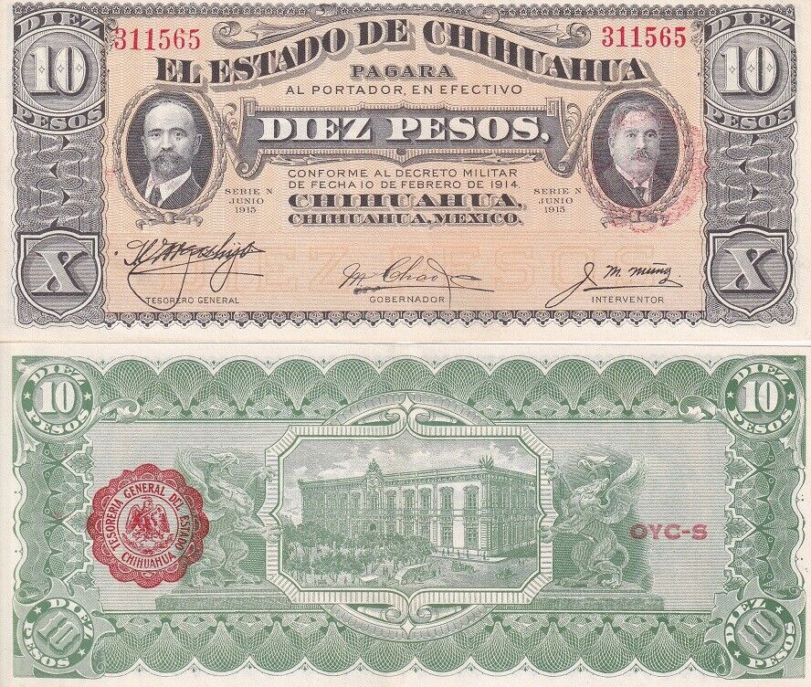 Mexico 10 Pesos 1915 P S535 Serie N UNC