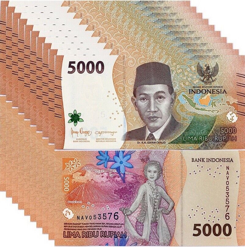 Indonesia 5000 Rupiah 2022 NEW P 164 UNC Lot 10 Pcs 1/10 Bundle