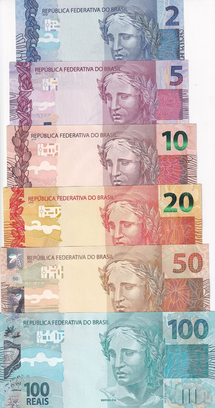 Brazil Set 6 Pcs 2 5 10 20 50 100 Reai 2010-2023 P 252 P 253 254 255 P 257 UNC