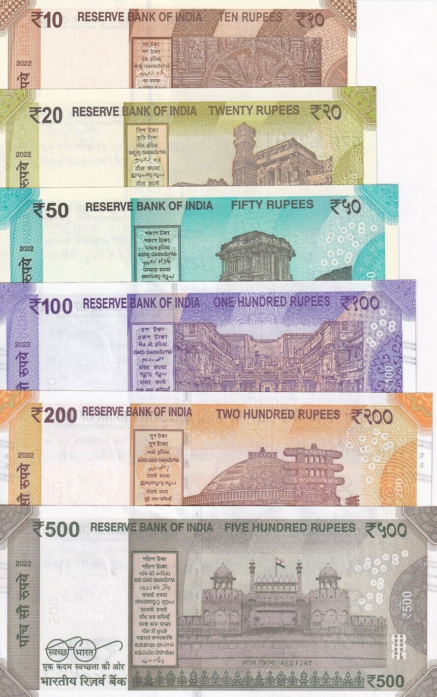 India Set 6 PCS 10 20 50 100 200 500 Random Year P 109 110 111 112 113 114 AUnc