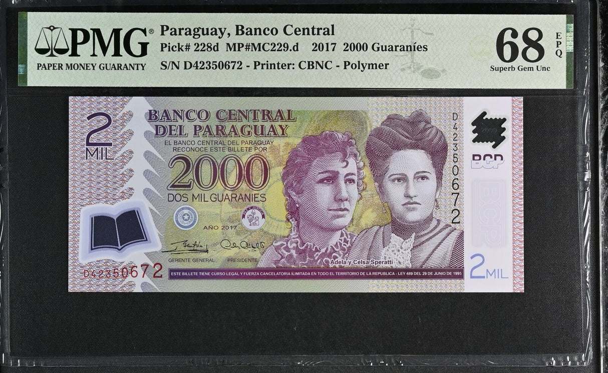 Paraguay 2000 Guaranies 2017 P 228 d Polymer Superb Gem UNC PMG 68 EPQ
