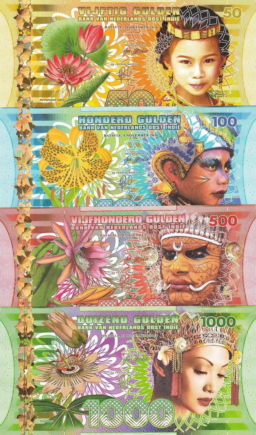Netherlands Indies (Indonesia) Set 4 PCS 50 100 500 1000 Gulden 2016 Fantasy