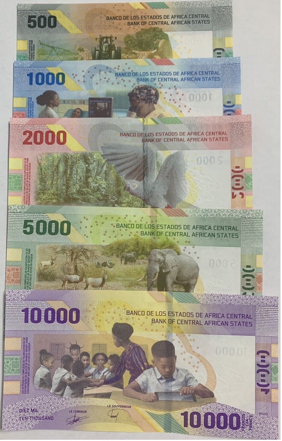 Central African States Set 5 UNC 500 1000 2000 5000 10000 FR 2020 2022 P 700-704