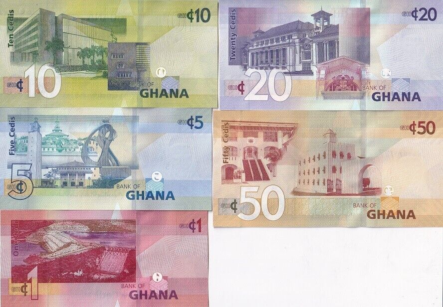 Ghana Set 5 PCS 1 5 10 20 50 Cedis 2019 P 45 P 46 P 47 P 48 P 49 UNC