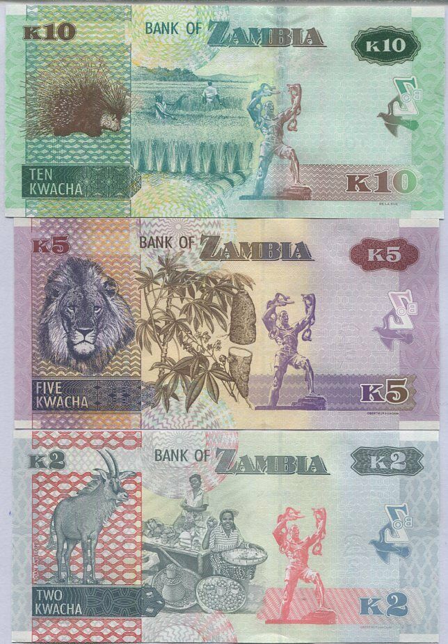 Zambia Set 3 Pcs 2 5 10 Kwacha Random Date P 56 57 58 UNC