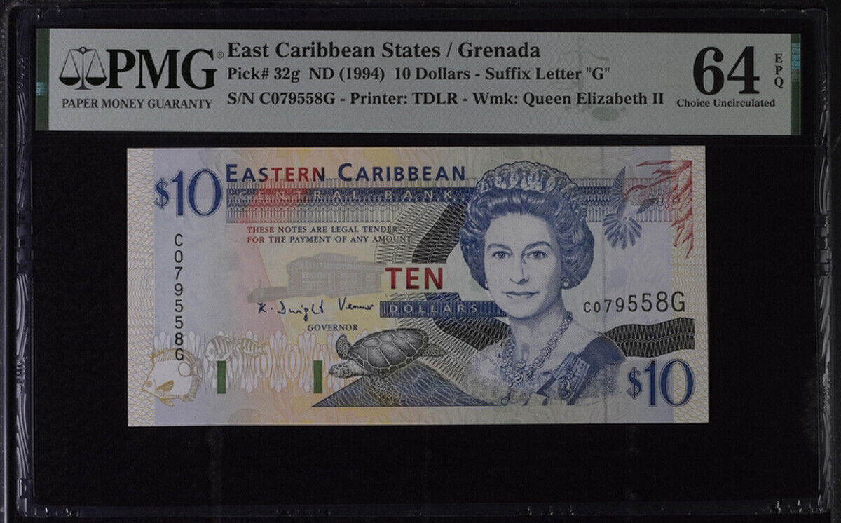 East Caribbean 10 Dollars ND 1994 P 32 g Suffix G Choice UNC PMG 64 EPQ