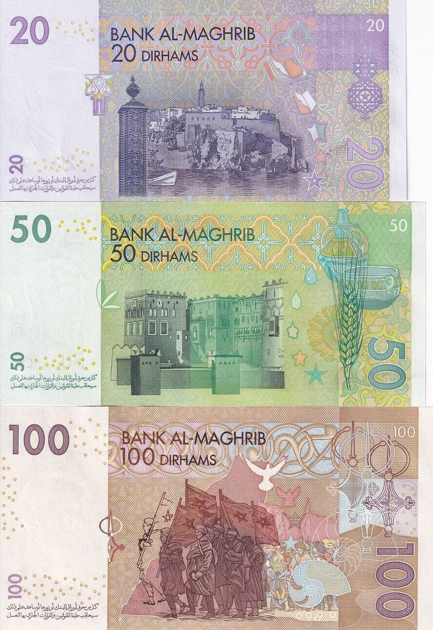 Morocco Set 3 PCS 20 50 100 Dirhams 2002-2005 P 68 P 69 P 70 UNC