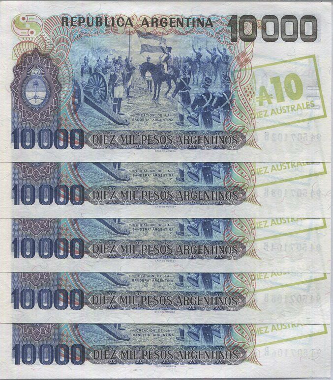 Argentina 10 Australes On 10000 Pesos ND 1985 P 322 c UNC Lot 5 PCS
