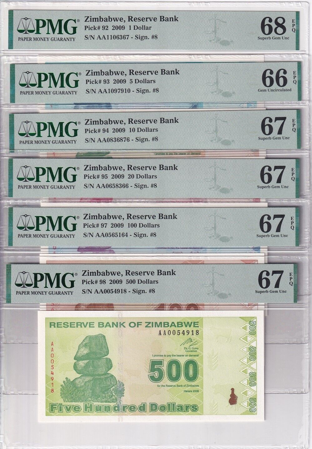 Zimbabwe Set 6; 1 5 10-100 500 D. 2009 P 92-P 95 97 98 Superb Gem UNC PMG 67 EPQ