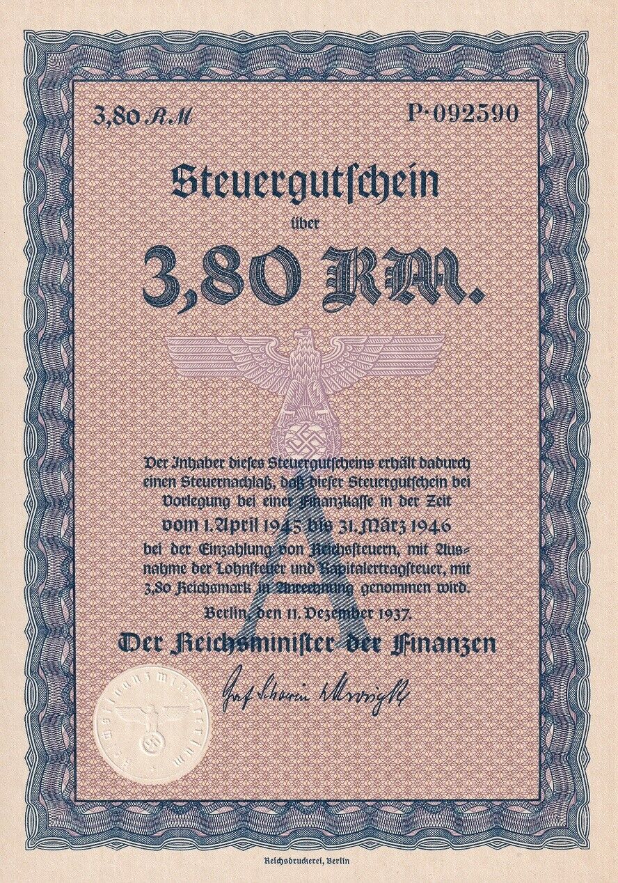 Germany 3.8 Reichsmark RM 1941-1946 Bond Steuergutfchein Big Size UNC
