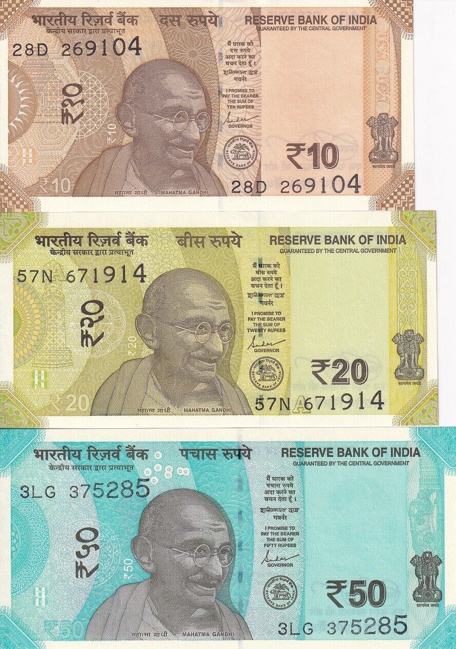 India Set 3 PCS 10 20 50 Rupees Mixed Year P 109 110 111 UNC