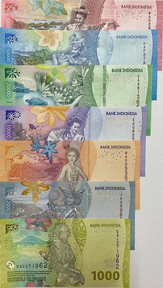 Indonesia Set 7 Pcs 1K 2K 5000 10000 50000 100000 Rupiah P 162-168 2022 2023 UNC