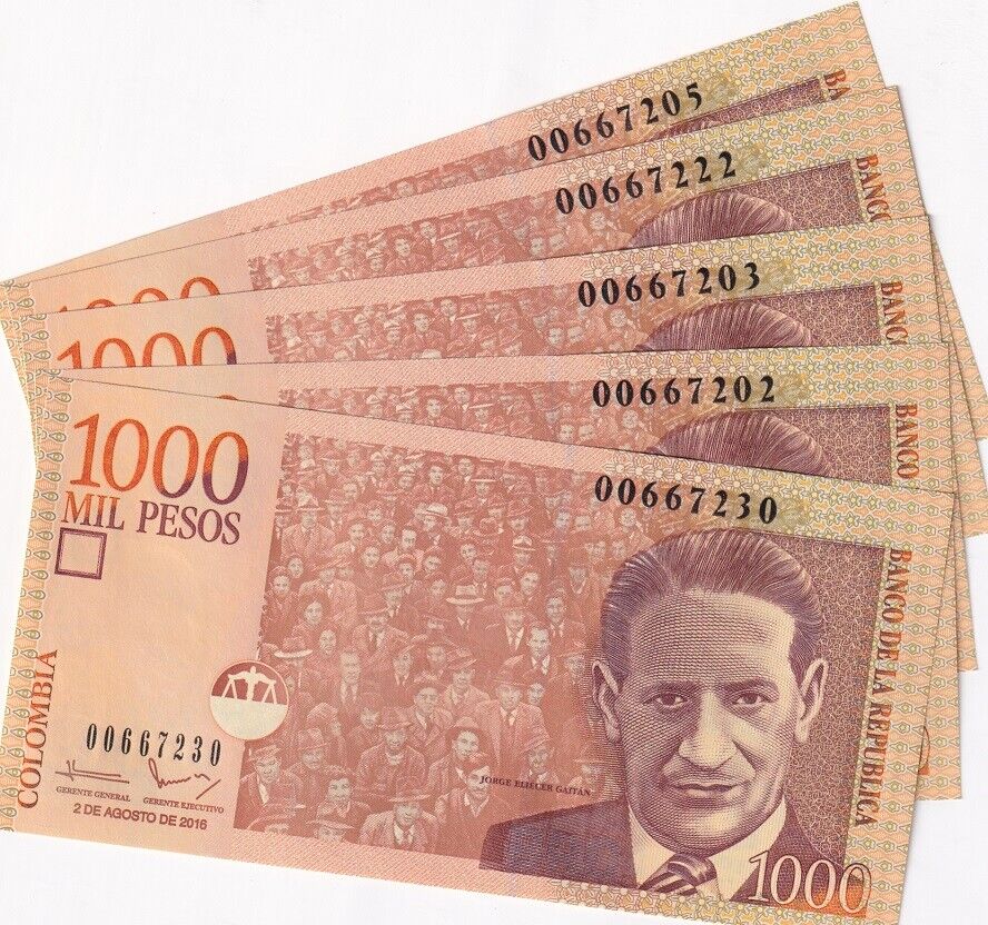 Colombia 1000 Pesos 2016 P 456 UNC LOT 5 PCS