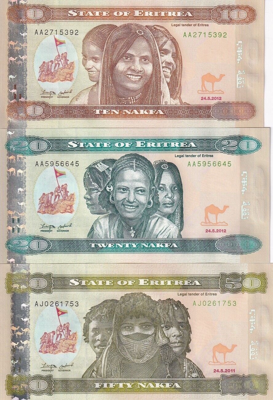 Eritrea Set 3 PCS 10 20 50 Nakfa 2011-2012 P 9 11 12 UNC