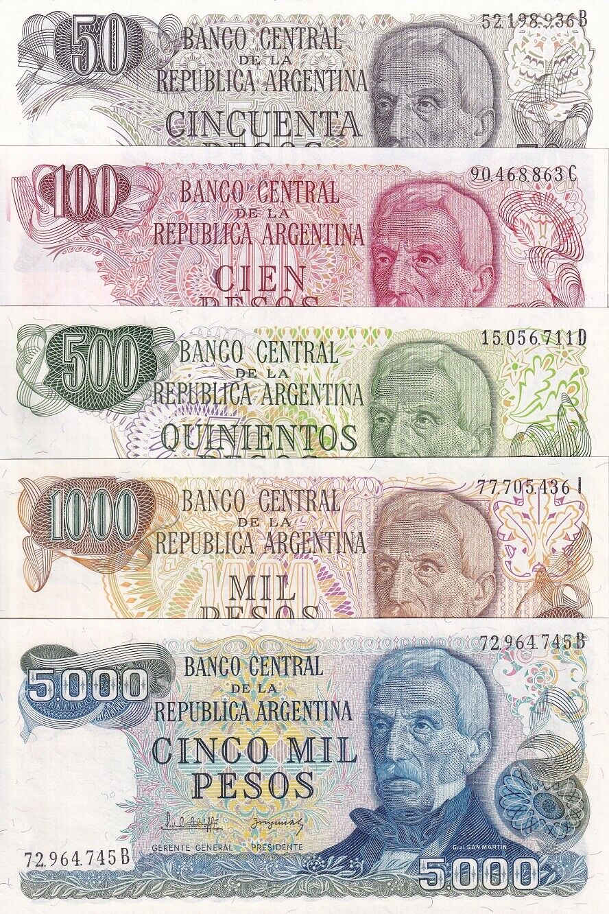 Argentina Set 5 Pcs 50 100 500 1000 5000 Pesos ND 1976-83 P 301 302 303-305 UNC