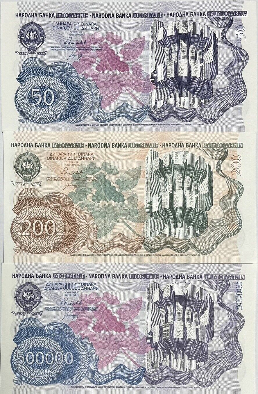 Yugoslavia Set 3 PCS 50 200 500000 Dinara 1989-1990 P 98 P 101 P 102 UNC