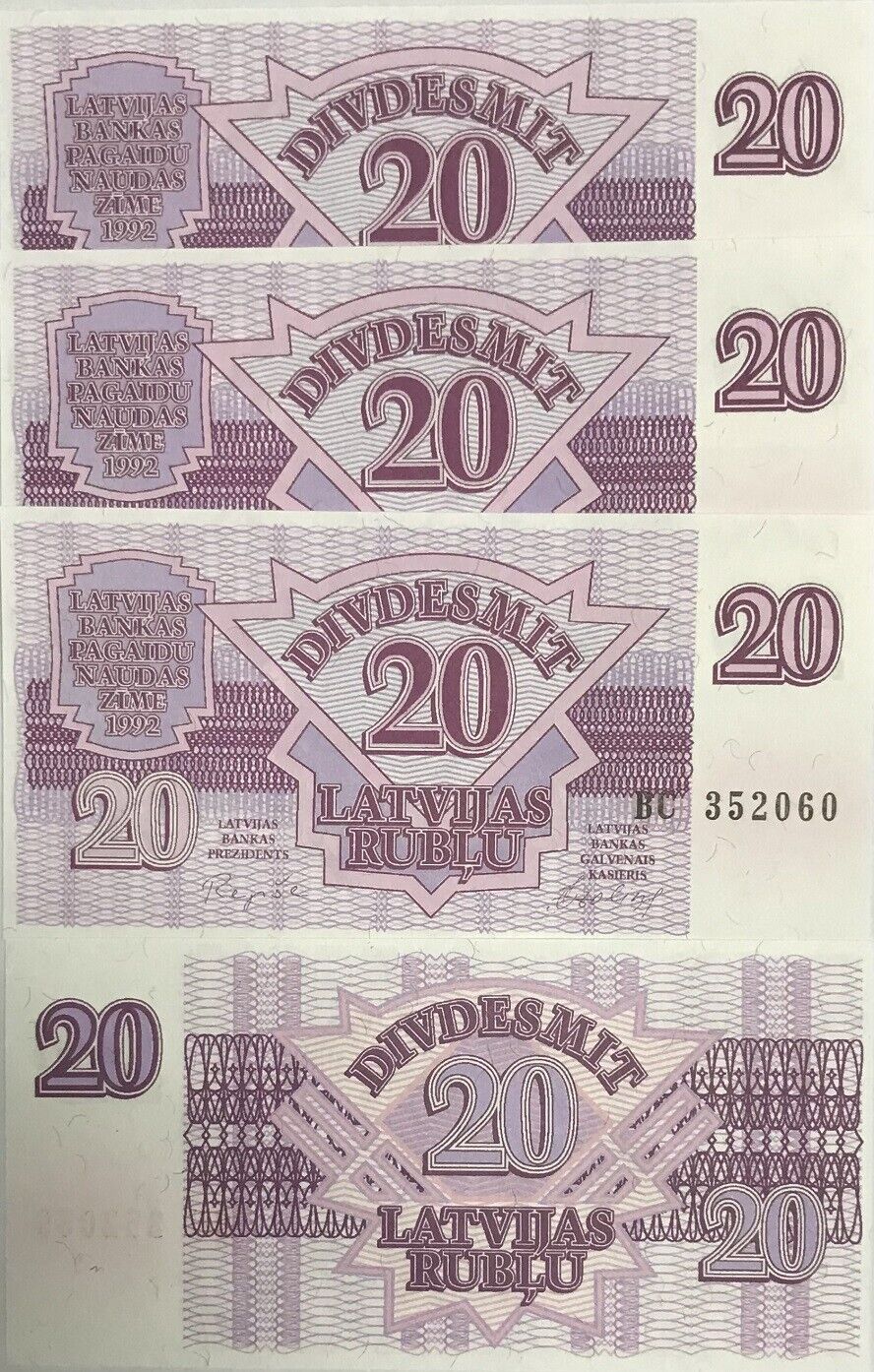 Latvia 20 Rublu 1992 P 39 UNC LOT 3 PCS