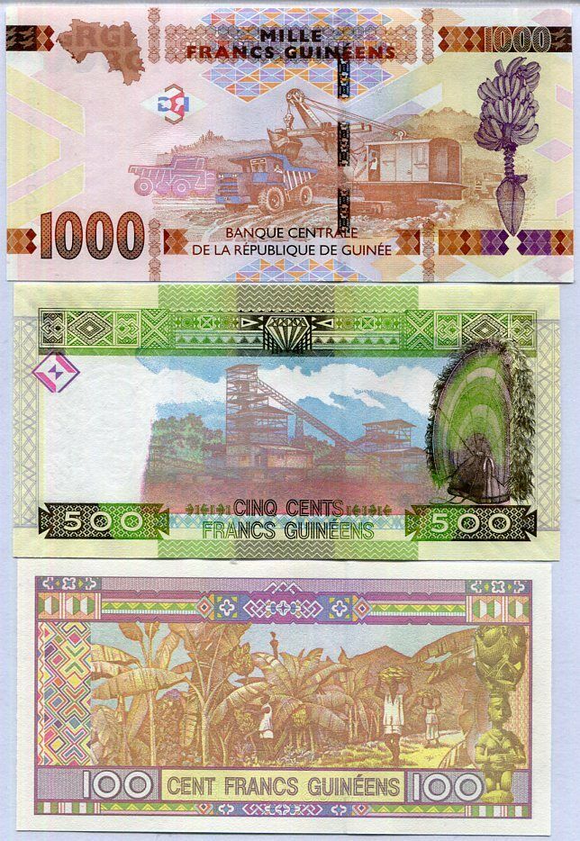 GUINEA SET 3 PCS 100 500 1000 FRANCS Random Years P A47 47 48 UNC
